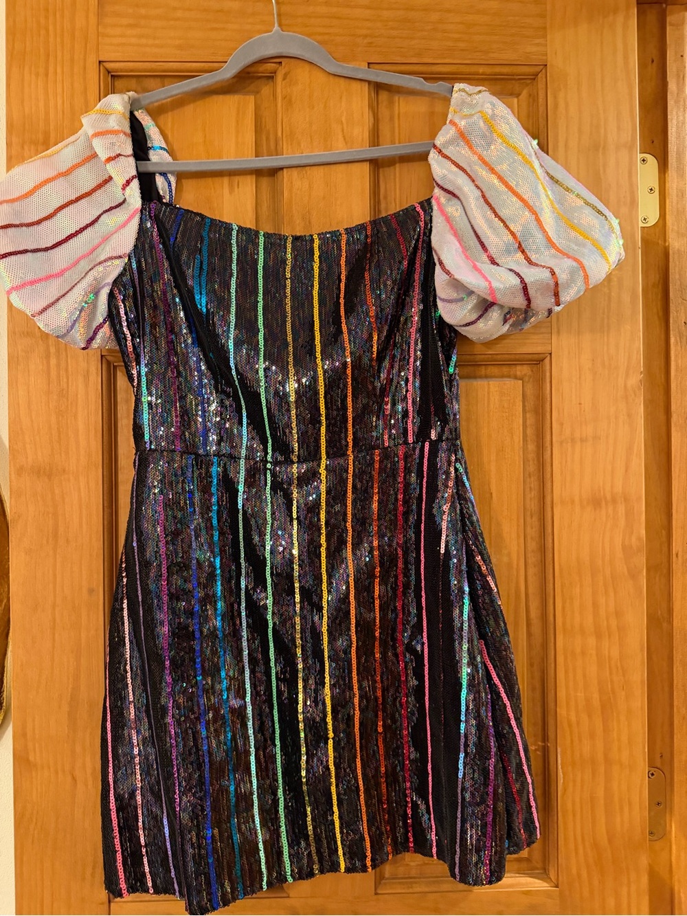 Woman’s Black Sequin Rainbow Stripe Party Dress with Puff Sleeves